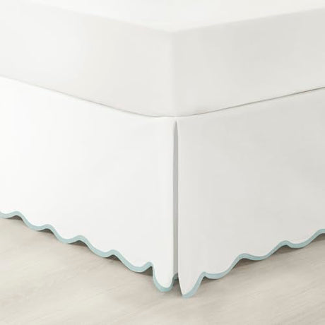 Lush Decor Coastal Chic Scalloped Edge Linen-Textured Bed Skirt Single, King Blue & White - White Bed Skirt King Size - Coastal Decor - Wrap Around Bed Skirt Lush Decor