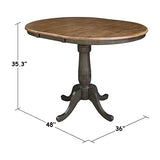 IC International Concepts 36" Round Top Pedestal 12" Leaf-35.3" H-Counter Height Dining Table, Hickory/Washed Coal IC International Concepts
