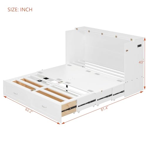 MERITLINE Queen Size Murphy Bed with Storage Drawer Wood Home Office Wall Bed Cabinet with Sockets & USB Ports, Space-Saving for Multipurpose Guest Room White MERITLINE