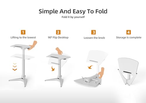 Claiks Mobile Standing Desk, Portable Rolling Workstation With Wheels, Pneumatic Height Adjustable Sit-Stand With 90 Tiltable, Foldable Non-Slip Computer Stand, White Claiks