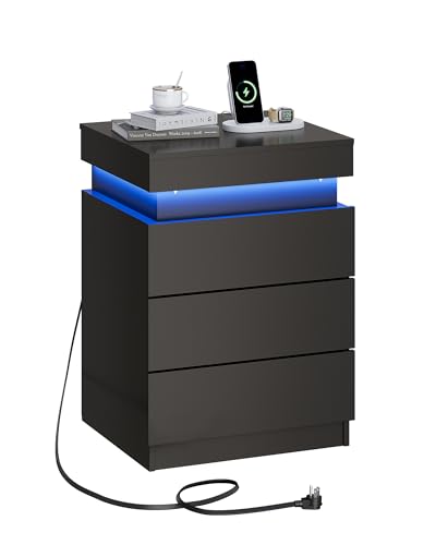 WLIVE Nightstand with Charging Station & LED Lights, Modern Night Stand with 3 Drawers and Sliding Top, Bedside Table End Table with Hidden Space for Bedroom, Living Room, Black WLIVE