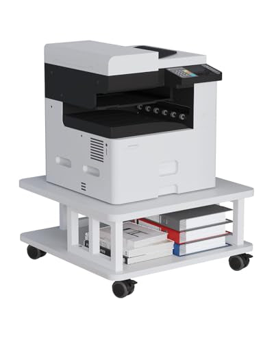 AOOSSI Mobile Printer Stand, 2-Tier Large Printer Shelf for Laser 3D Printer Office Machine with Storage, 23.6"x23.6" Wood Printer Cart Under Desk Rack with Wheels for Office Home Kitchen (White) AOOSSI