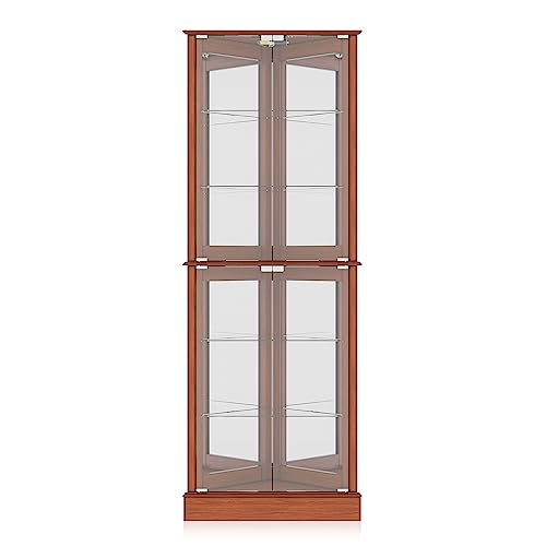 BELLEZE Lighted Accent Corner Display Curio Cabinet with Tempered Glass Doors and Shelves, Classic Wood Cabinet with Bulb, Corner Curio Storage Rack