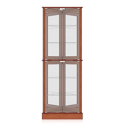 BELLEZE Lighted Accent Corner Display Curio Cabinet with Tempered Glass Doors and Shelves, Classic Wood Cabinet with Bulb, Corner Curio Storage Rack