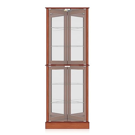 BELLEZE Lighted Accent Corner Display Curio Cabinet with Tempered Glass Doors and Shelves, Classic Wood Cabinet with Bulb, Corner Curio Storage Rack BELLEZE