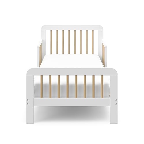 Storkcraft Pasadena Toddler Bed (White with Driftwood) - GREENGUARD Gold Certified, Fits Standard Full-Size Crib & Toddler Mattress, Toddler Safety Guardrails Included, Complete Design with Footboard