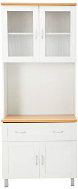 HODEDAH IMPORT Tall Standing Kitchen Cabinet with Top and Bottom Enclosed Cabinet Space, 1-Drawer, Large Open Space for Microwave in White Hodedah