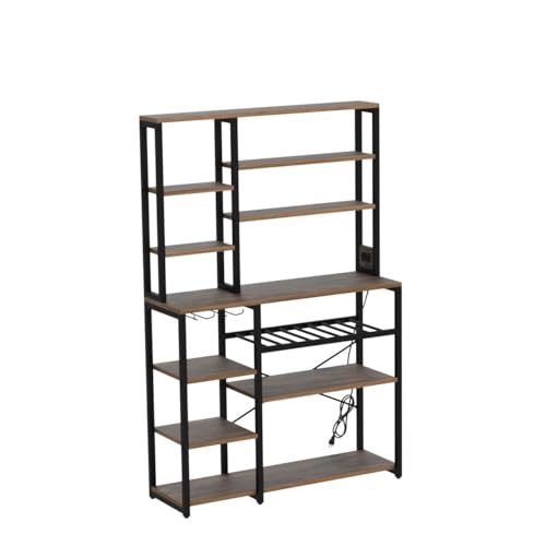 YITAHOME Rustic Brown Kitchen Microwave Stand and Bakers Rack with Power Outlet - 39 Inch Freestanding Coffee Bar with Wine Storage and Cup Holder YITAHOME