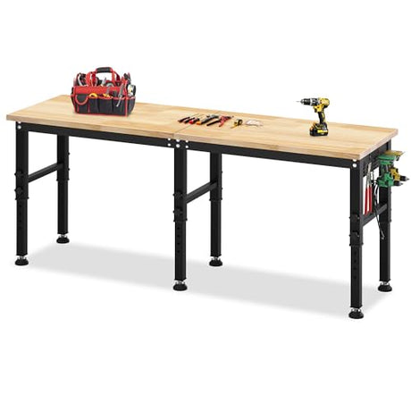 96'' Adjustable Workbench, 2500 LBS Load Capacity Heavy Duty Workstation with Power Outlets & Pegboard, Rubber Wood Top Worktable for Garage, Office,Workshop, Commercial Antifir