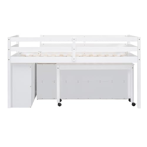 Ball & Cast Twin Size Loft Bed with Retractable Writing Desk & 4 Drawers,Wooden Bedframe W/Lateral Portable Desk & Shelves,Space Saving,Easy Assembly,Study Room Bedroom Set for Boy Girl Keens,White Ball & Cast