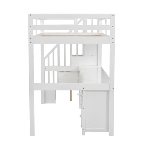 Harper & Bright Designs Twin Size Loft Bed with Stairs and Desks, Wood Loft Bed Frame with Storage Drawers, White Harper & Bright Designs