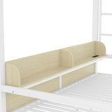 Bellemave Queen Over Queen Bunk Bed Frame with Storage Shelves & Drawers, Metal Bunk Bed Queen Over Queen with Charging Station & LED Lights, Space-Saving Beds Frame Convertible to Sofa Design, White Bellemave