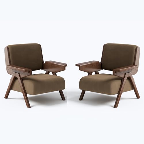 Euklea Mid Century Modern Accent Chair, Fabric Upholstered Lounge Arm Chair with Solid Wood Frame for Living Room, Bedroom, Office, Reading Corner (Coffee, Set of 2) Euklea