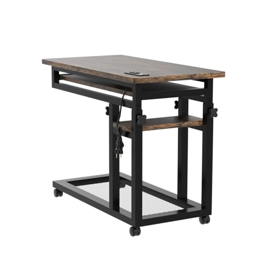 Tribesigns Small Portable Desk with Power Outlet, Height Adjustable Sofa Couch Bedside Laptop Table with Wheels, Mobile Standing Desk Rolling Computer Cart C Side Table with USB Ports Tribesigns
