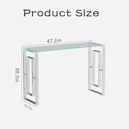 HomVent Silver Glass Console Table Narrow Sofa Table with Tempered Glass Top and Stainless Steel Legs for Entryway, Living Room (Silver) HomVent