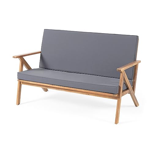 Christopher Knight Home Panama Outdoor Acacia Wood Chat Set with Water Resistant Cushions, 4-Pcs Set, Teak Finish / Grey Christopher Knight Home