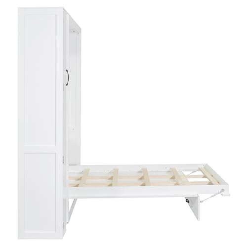 Merax Full Size Murphy Bed Wall Bed with Shelves, Drawers and LED Lights,White Merax
