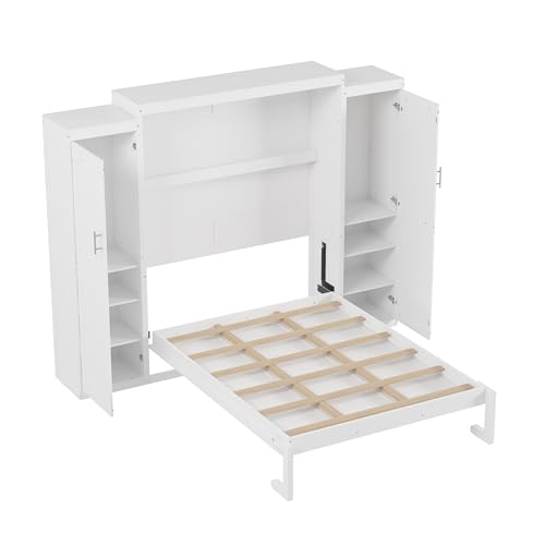 Merax Full Size Wood Murphy Bed, with 2 Wardrobe and Storage Shelf, Multifunctional Foldable Wall Platform Bedframe for Guest-Room, Bedroom, White Merax