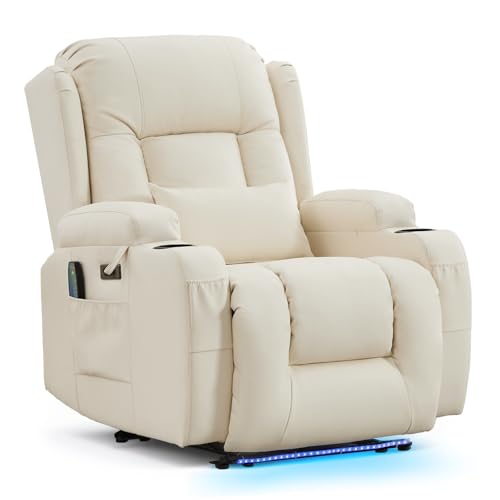 IPKIG Power Recliner Chair for Adults, Wall Hugger RV Recliners with LED Lights/USB Ports/Pillow/Side Pockets, Overstuffed Electric Recliner Sofa Chair for Living Room, Home Theater (1, Creamy White)