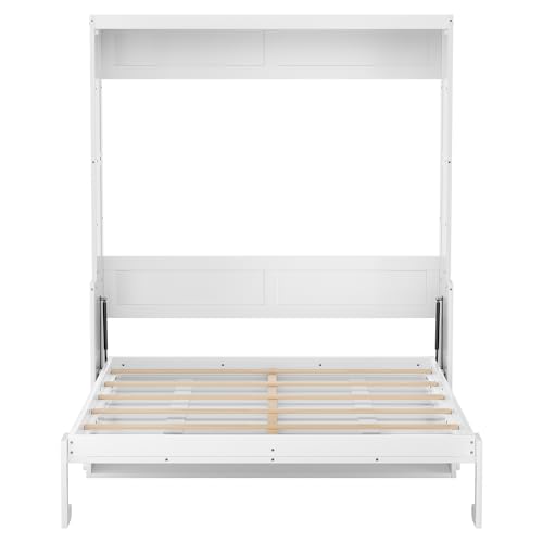 PVWIIK Murphy Multifunctional Bed Frame with Storage Shelf & Support Plate for Adult,Girls,Boys,Queen Size Murphy Bed,Wood Hidden Wall Bed Space-Saving Cabinet,White PVWIIK
