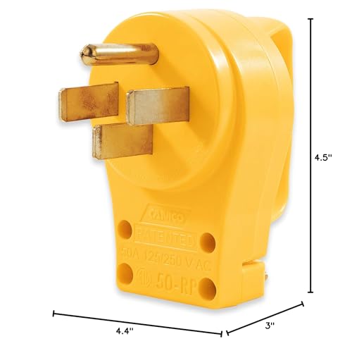 Camco Power Grip Camper / RV Replacement Plug - Attach 50 Amp Plug to Existing RV Extension Cord - Features 50 Amp RV Plug (NEMA 14-50P) & Ergonomic Designed Handle - Rated 125-250V/12,500W ( - WoodArtSupply