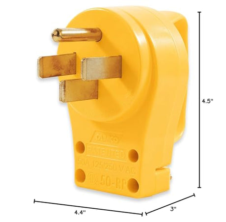 Camco Power Grip Camper / RV Replacement Plug - Attach 50 Amp Plug to Existing RV Extension Cord - Features 50 Amp RV Plug (NEMA 14-50P) & Ergonomic Designed Handle - Rated 125-250V/12,500W (55255) Camco