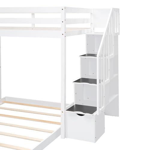 Merax Twin Over Full Bunk Bed Wood Frame with 3-Layer Shelves,4 Drawers and 3 Storage Stairs for Boys and Girls,Grey Merax
