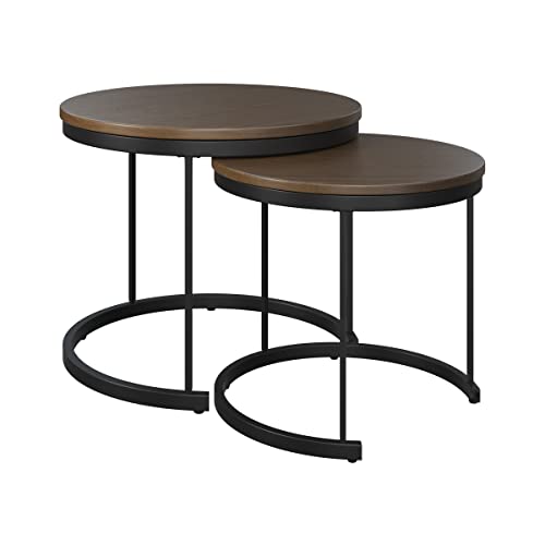 Nesting Coffee Table Set – Set of 2 Small Round Tables Nest Together for Saving Space – Modern Industrial Living Room Tables by Lavish Home (Brown) Lavish Home