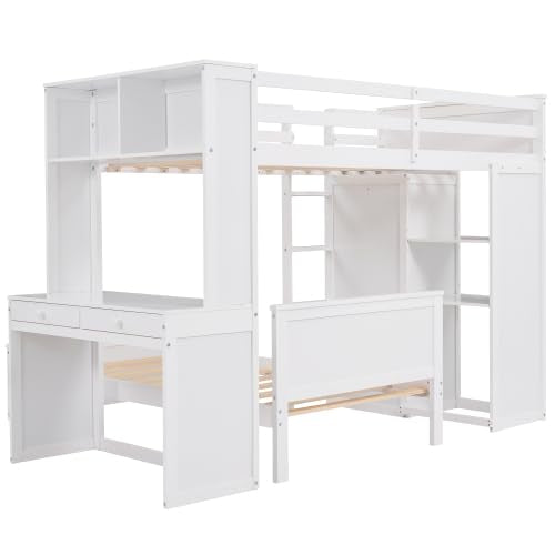 Harper & Bright Designs Twin Over Twin Bunk Bed with Desk, Drawers and Wardrobe, Wooden Loft with Stand-Alone Bed and Shelves for Kids Teens, White Harper & Bright Designs
