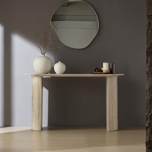 55.12" Marble Console Table Curved Narrow Entryway Table for Living Room Industrial Hallway, Entrance, Office, Corridor, Long Foyer, Corridor, Modern Faulx Marble Travertine Pattern Sofa Couch Table SCANORDIC