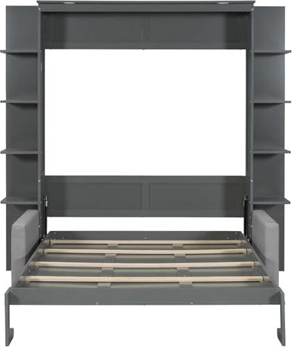 Queen Murphy Bed with Couch and Storage Shelves,Wood Murphy Wall Bed Cabinet with Storage Shelves and Sofa,Folding(Grey) Virubi