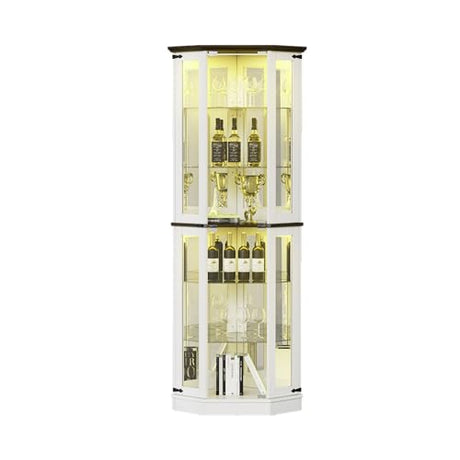 PAKASEPT 71'' Farmhouse Display Curio Cabinet with LED Lights,Tempered Glass Doors,6 Shelves,Floor Standing Display Cage Corner Wine Cabinet Storage Rack for Bar and Liquor Storage,White PAKASEPT