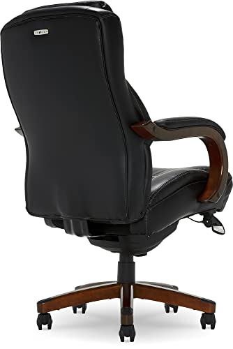 La-Z-Boy Delano Big & Tall Executive Office Chair, High Back Ergonomic Lumbar Support, Bonded Leather, Black with Mahogany Wood Finish - WoodArtSupply