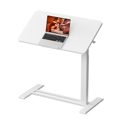 FitStand Medical Adjustable Overbed Bedside Table with Casters 90° Tilting Desktop Pneumatic Mobile Rolling Laptop Computer Standing Desk Cart with Tray, Hospital Table(31.5" W x 17.7" D, White)