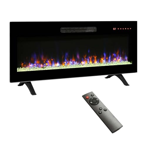 42" Electric Fireplace, Recessed Ultra-Thin Wall Fireplace Heater, Tempered Glass Front Wall Mounted Electric Fireplace with Remote and Multi Color Flame & Emberbed, LED Light Heater (42 inch) MTSVMP