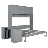 MaiDeHaoo Horizontal Queen Size Murphy Bed with Desk and Storage Drawers, Space Saving Wood Folding Wall Bed with Storage Shelves and Cabinets, Gray MaiDeHaoo