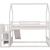 Twin Over Twin House Bunk Bed Frames with Slide and Storage Staircase, No Box Spring Needed, White Merax