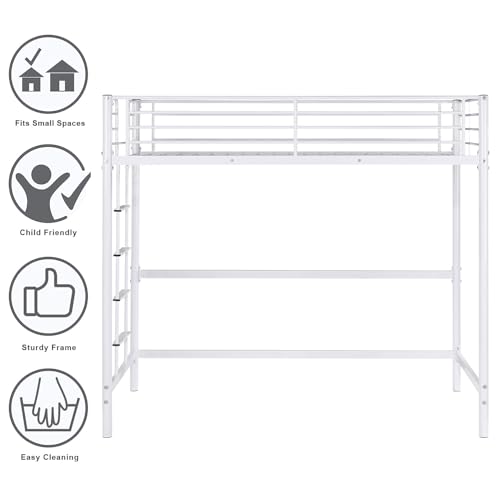 Bonnlo Metal Loft Bed with Stairs and Flat Rung, Junior Bed Full Size High Loft Bed for Kids/Teens/Adults, No Box Spring Required, White Bonnlo
