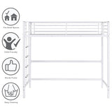 Bonnlo Metal Loft Bed with Stairs and Flat Rung, Junior Bed Full Size High Loft Bed for Kids/Teens/Adults, No Box Spring Required, White Bonnlo