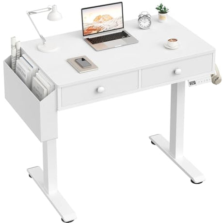 KLUVIS Electric Standing Desk with Drawers, 32 Inch White Small Height Adjustable Sit Stand Desk with Storage for Small Space Home Office Bedroom, Study Writing Stand up Computer Desks for Girls Work KLUVIS