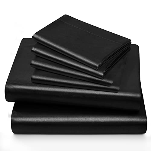 Horbaunal 4 Piece Satin Sheet Set Twin Size Luxury Silky & Soft Black Satin Twin Bed Sheet Set with 16" Deep Pocket, 1 Fitted Sheet, 1 Flat Sheet, 2 Pillowcases Horbaunal