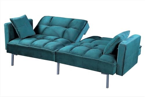Container Furniture Direct Regal 75.6" Velvet Convertible Sofa Bed - Mid-Century Sleeper Couch w/Tufted Design & Metal Legs - Pull-Out Futon for Guests/Home (75.6" W x 34.6" D x 32" H), Blue Container Furniture Direct