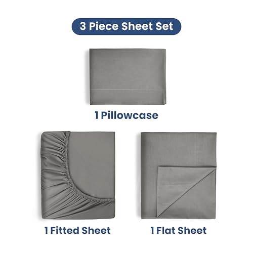 3 Piece Twin Sheet Set | 400 Thread Count | Twin Bed Sheets Set | Lightweight Breathable 100% Cotton Sheets | Wrinkle Resistant & Fade Resistant Sateen Sheets | Silky Soft & Durable | Gray Martex