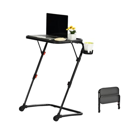 Homy Casa Adjustable Z Shaped Study Desk with Cup Holder, No Assembly Required,Space Saving Portable Laptop Foldable Table for Home Office Living Room & Bedroom, Sturdy Metal Frame with PP Top, Black Homy Casa