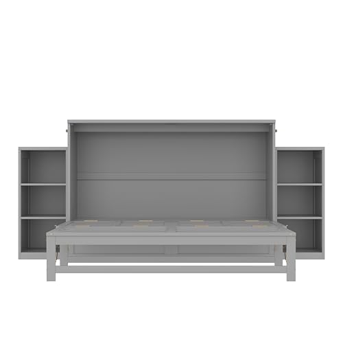 Bellemave Queen Size Murphy Bed, Cabinet Bed with 2 Shelves and Storage Drawers, Farmhouse Murphy Cabinet, Noisy Free, for Guest Bedroom, Living Room, Office, Light Gray Bellemave