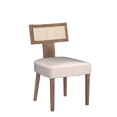 HNY Mid Century Modern Rattan Dining Chairs Set of 6, Farmhouse Linen Upholstered Accent Chair Curved Backrest Kitchen Chairs, with Hardwood Frame, Beige HNY