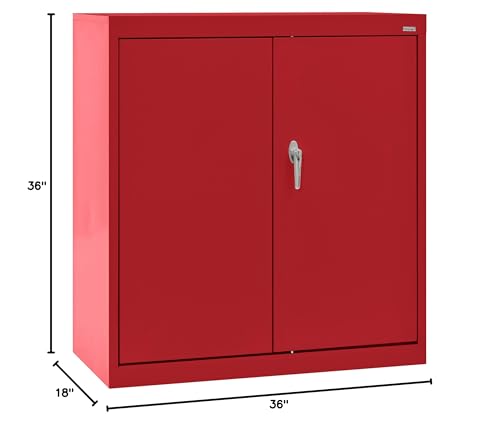 Sandusky CA21361836-01 Classic Series Counter Height Metal Storage Cabinet with Adjustable Shelves, Locking Handle, 18" D x 36" W x 36" H, Red Sandusky