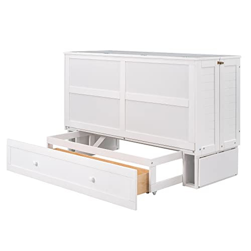 Hlcodca Unique Queen Size Mobile Murphy Bed with Drawer,Wood Storage Bed with Little Shelves on Each Side,for Small Spaces Apartments Studio Guest Room Use Hlcodca