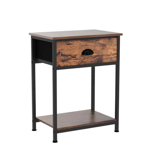 Nightstands Set of 2, Industrial End Table with Fabric Drawer and Storage Shelf, Retro Bedside Tables Organizer, Side for Living Room Bedroom, Rustic Brown Wooden Look Black Metal Frame