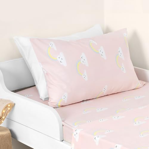 Salt Earth 100% Cotton 210TC Kids Bedsheet, Twin Sheets Set for Toddler Bed, 3 Piece Bedding Set Including Flat Sheet, Fitted Sheet, and Pillowcase, Themed Cute Sheets for Playful Kids Bed(Rainbow) Salt Earth